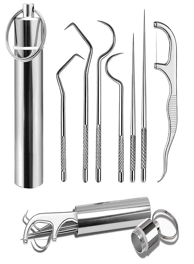 RUPAKADA 7 in 1 Teeth Cleaning Tool Kit - Portable Stainless Steel Dental Tools for Outdoor Camping, Travel, and Braces Maintenance - Toothpicks Pocket Set with Holder - Image 1